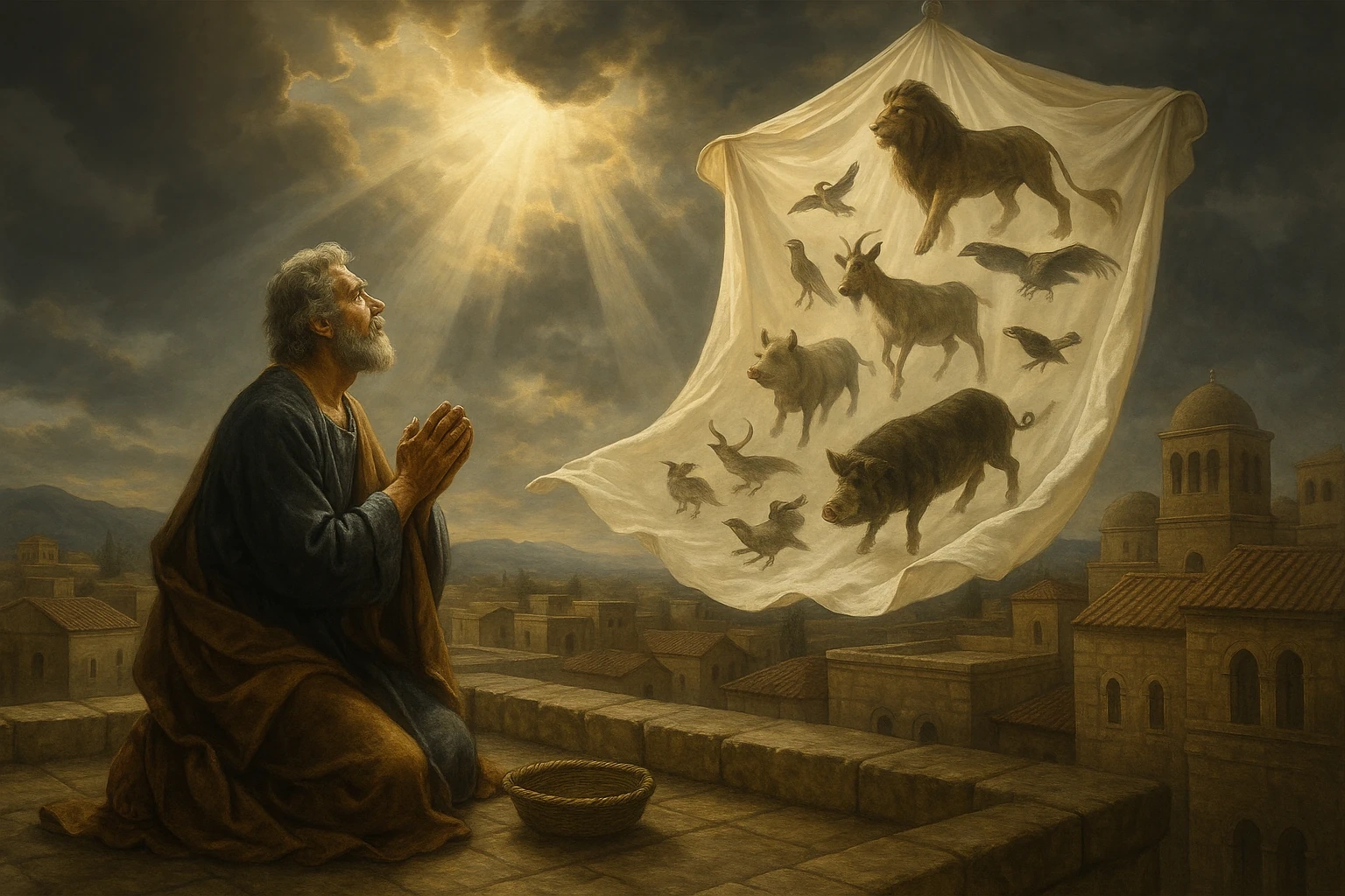 彼得的异象：天上降下大布里面有各样四足的动物