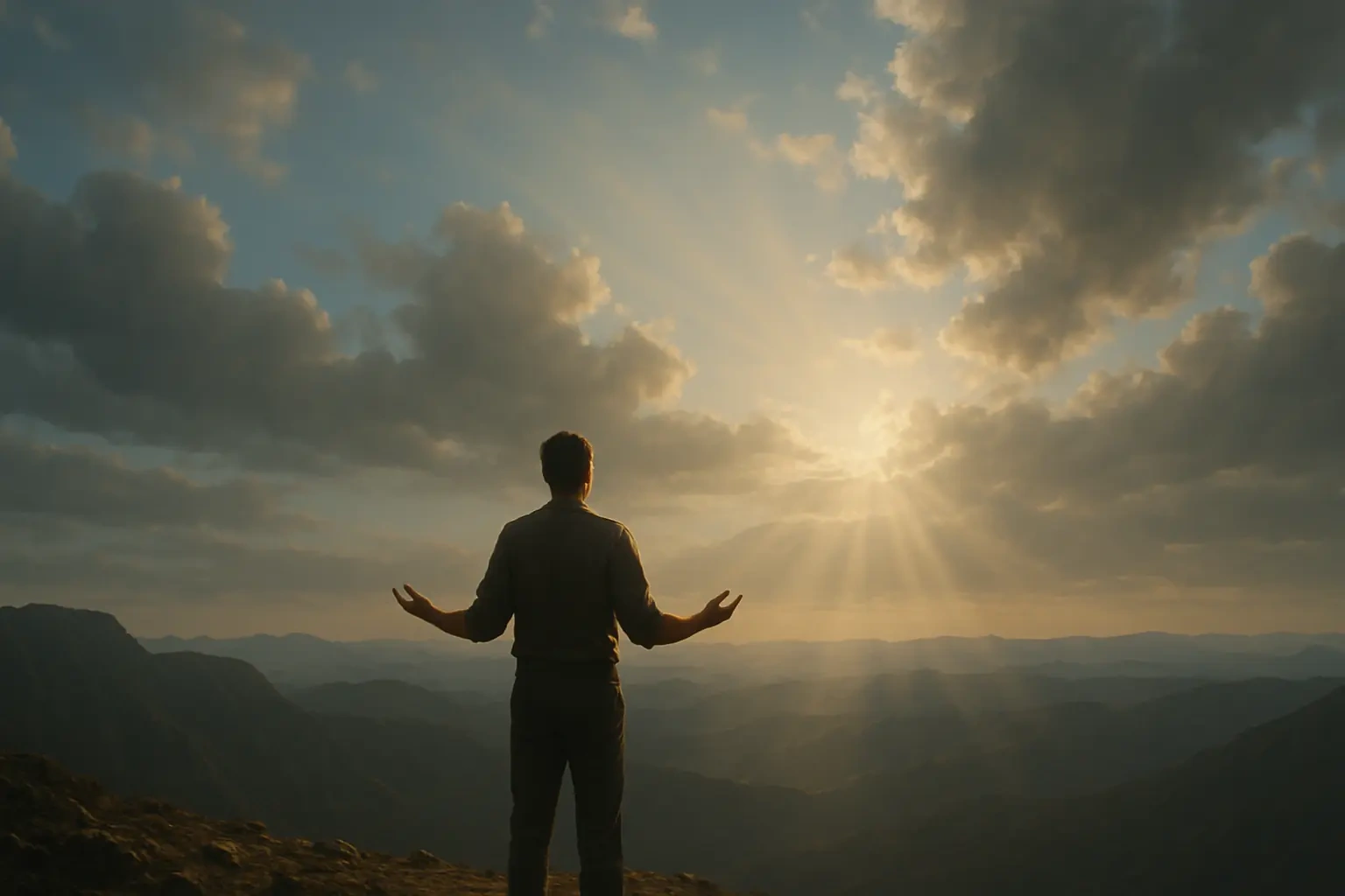 一个人站在山顶，背对镜头，面向广阔天空，象征将眼目从问题转向神