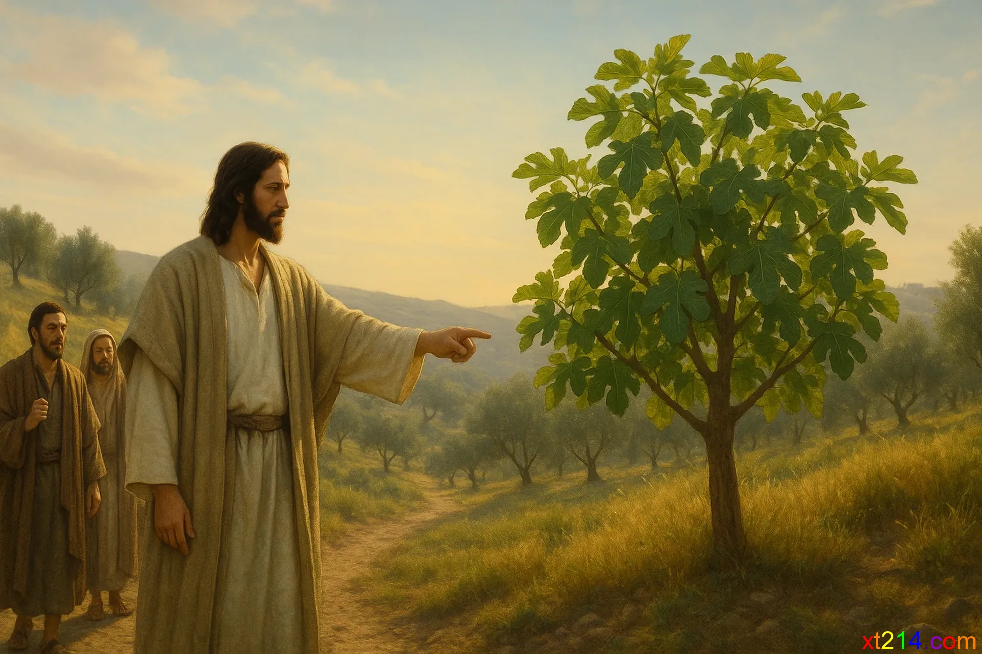 耶稣从远处看见一棵枝叶茂盛的无花果树，走近发现它没有果子
