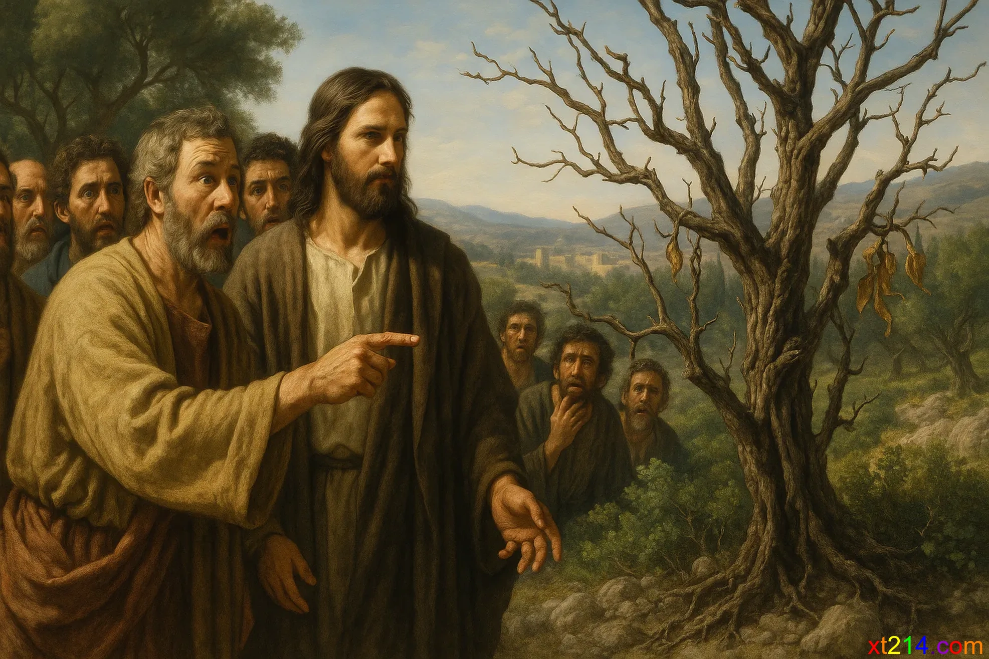 门徒彼得指着枯干的无花果树惊讶地对耶稣说'夫子，你所咒诅的无花果树已经枯干了'