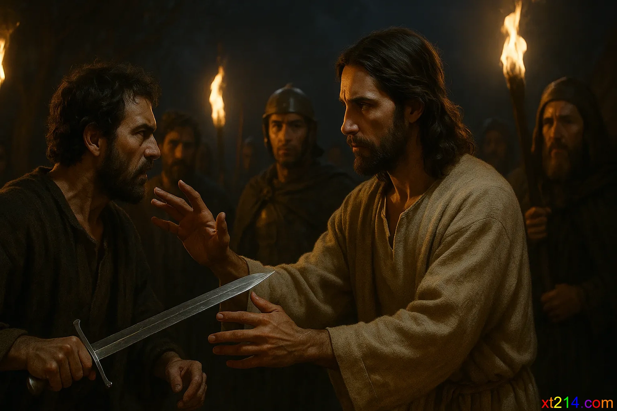 彼得拔剑砍下大祭司仆人马勒古的耳朵，耶稣伸手阻止进一步冲突