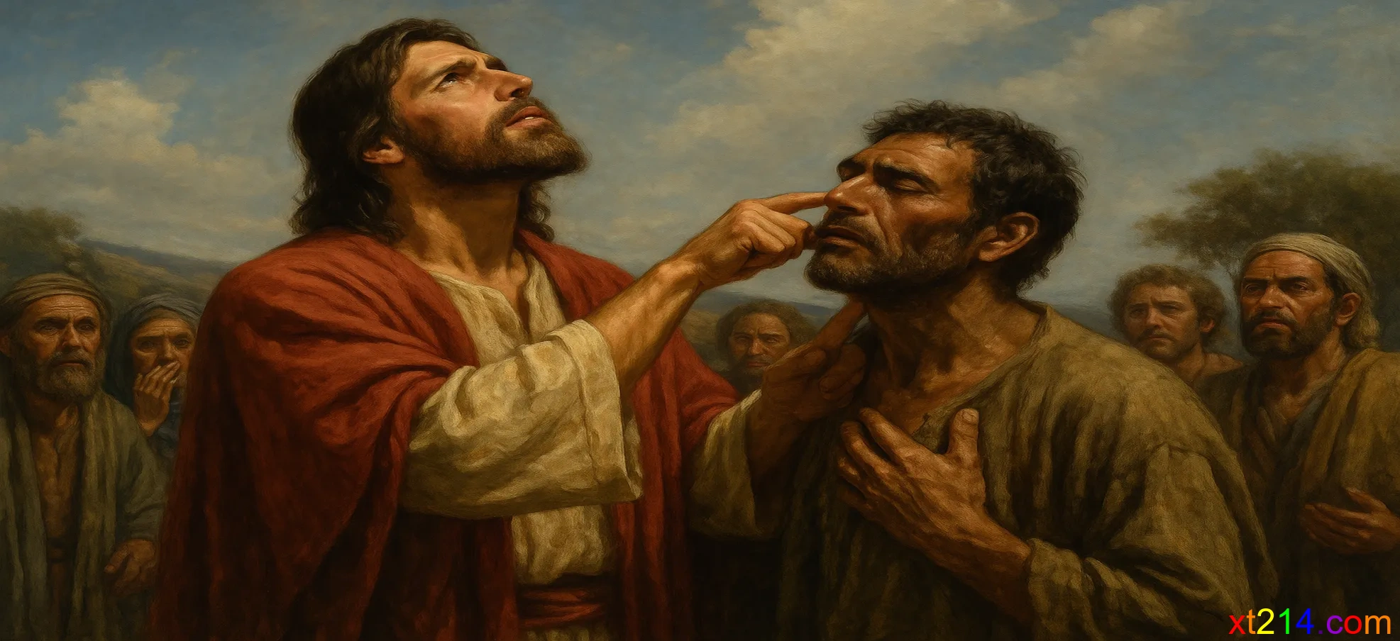 耶稣将手指探入聋哑人的耳朵，仰天叹息说'以法大'，这人的耳朵就开了舌结也解了