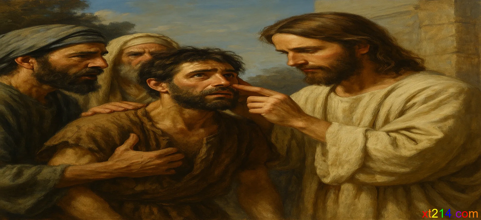 人们带着聋哑人到耶稣面前，求耶稣按手在他身上