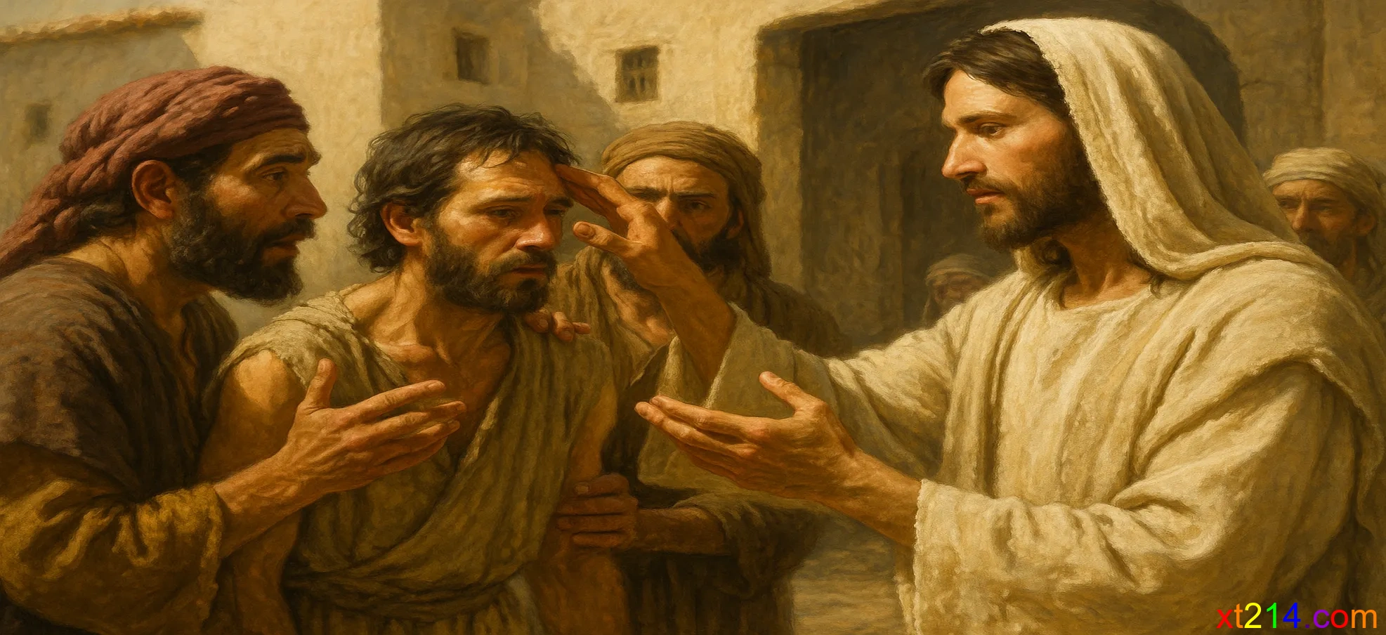 耶稣带聋哑人离开人群，将指头探入他的耳朵，又吐唾沫抹他的舌头