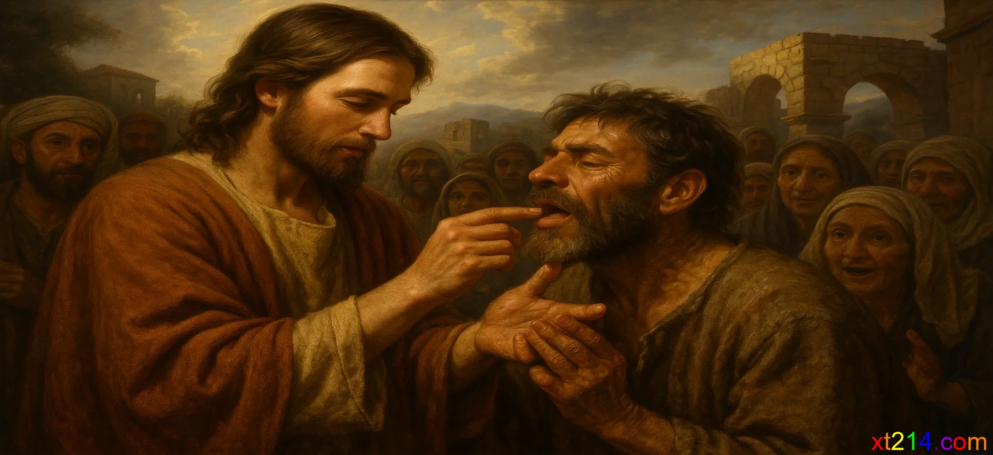 医好的聋哑人惊讶地听到声音并开口说话，周围人欢呼赞美神