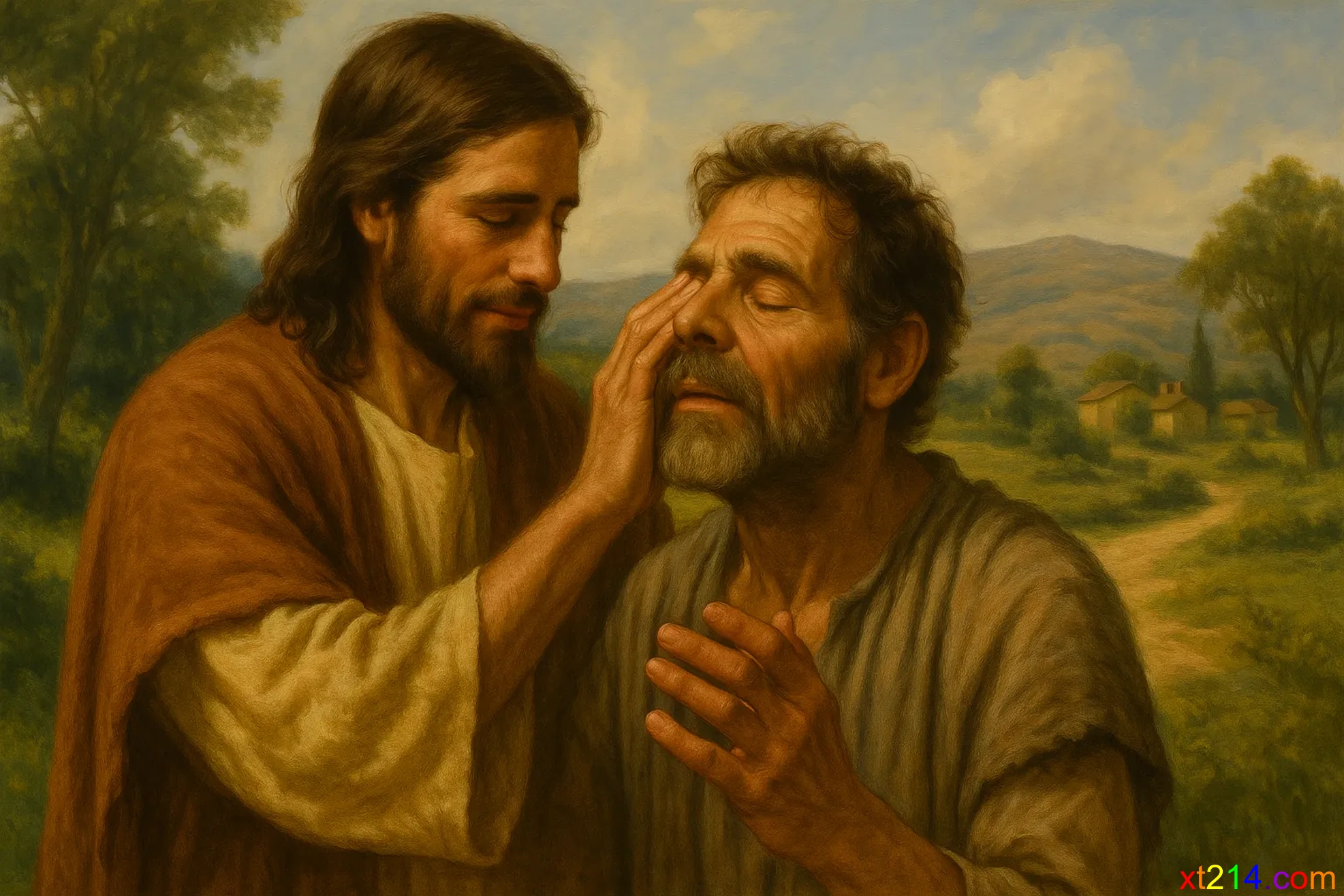 人们带着盲人到耶稣面前，求祂摸盲人