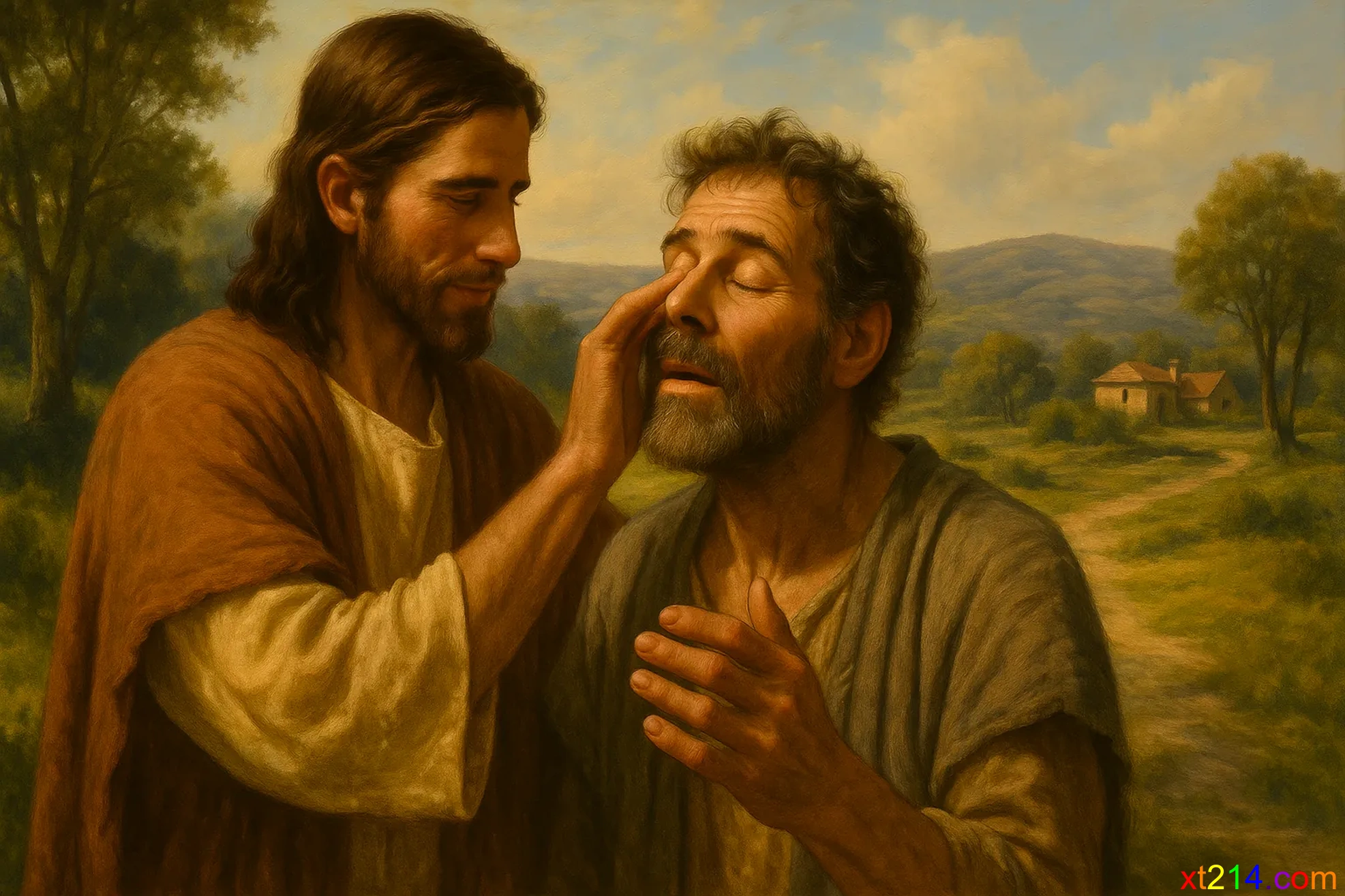 耶稣吐唾沫在地上和泥，抹在生来瞎眼的人眼睛上