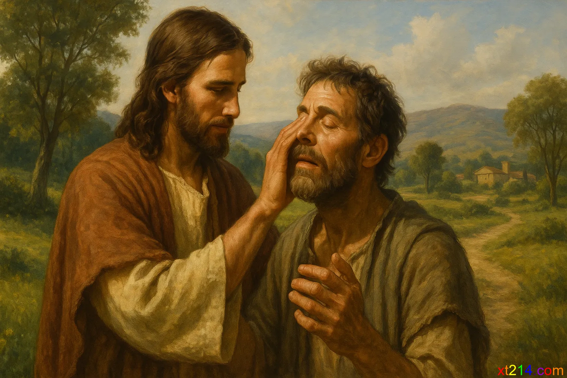 耶稣第二次按手在盲人眼睛上，他远远看见一切都清楚了