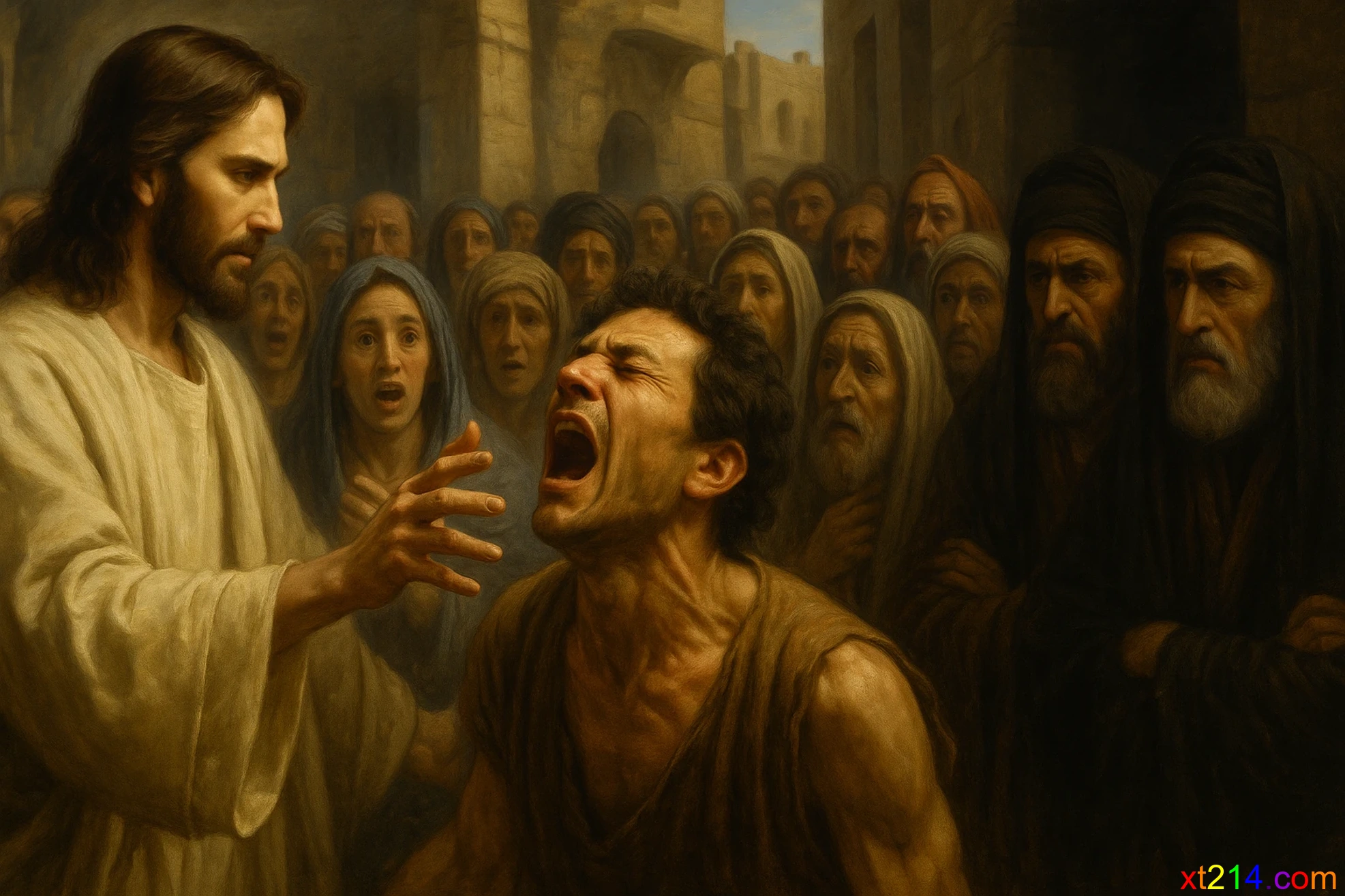 耶稣斥责附在哑巴身上的污鬼，哑巴随即开口说话，众人惊奇，法利赛人却说他是靠鬼王赶鬼