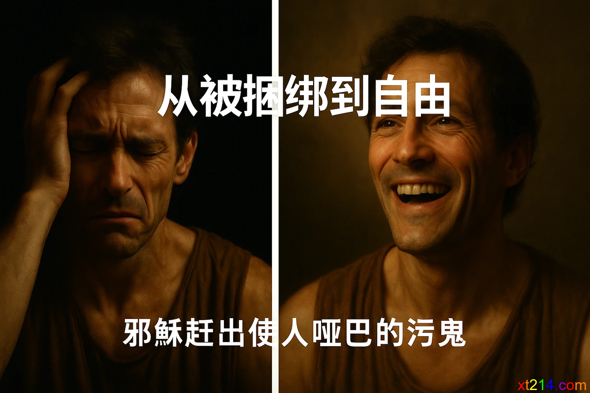 人们带着一个被鬼附着的哑巴来到耶稣面前，他痛苦挣扎无法说话