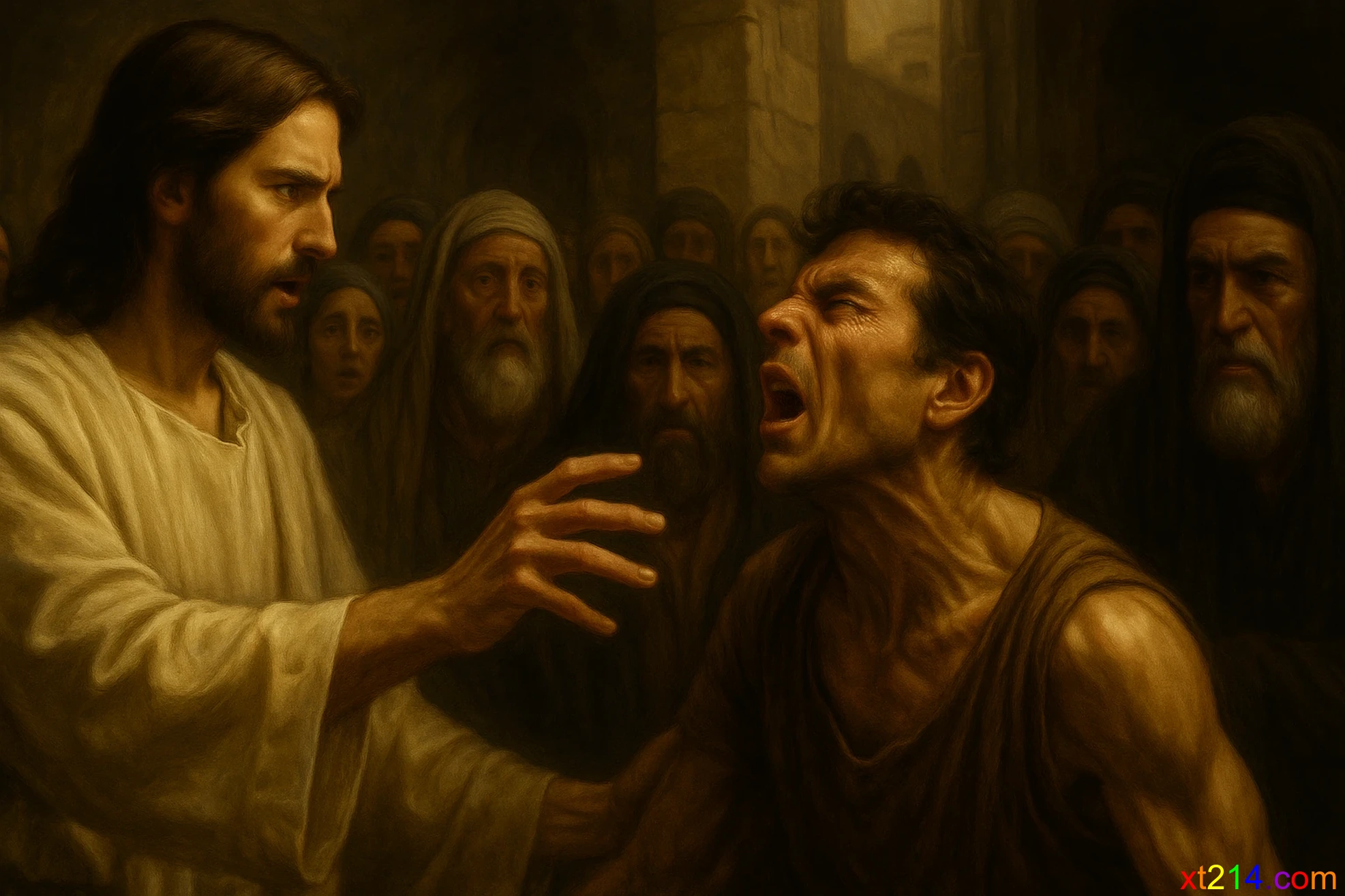 耶稣以权柄斥责污鬼，命令其离开哑巴，哑巴面部表情痛苦