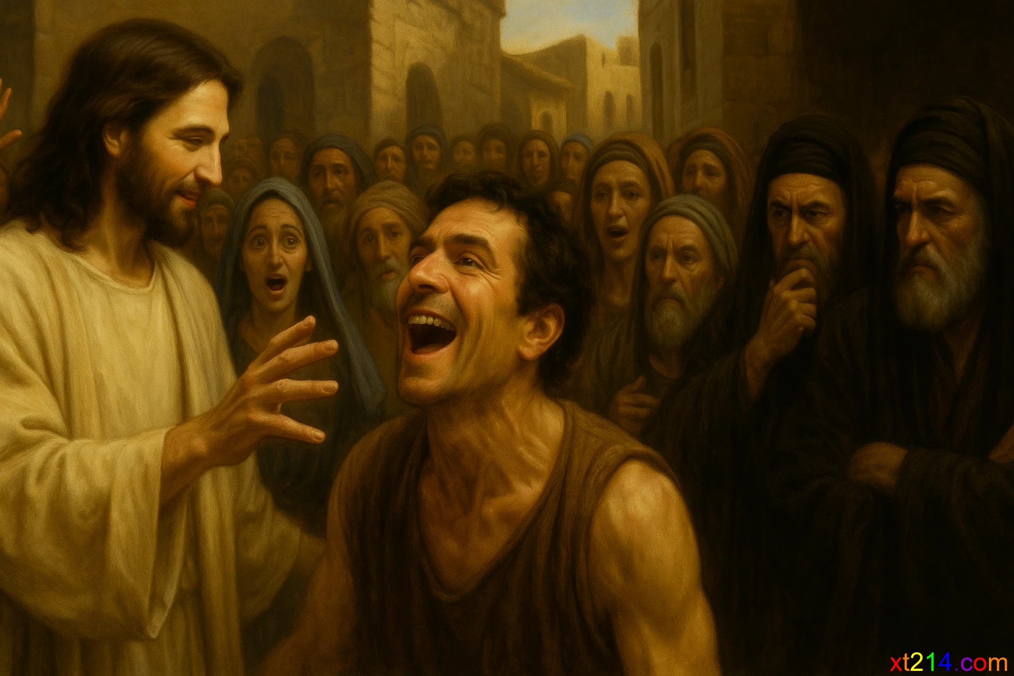 哑巴被鬼离开后开口说话，众人惊讶，法利赛人在角落议论