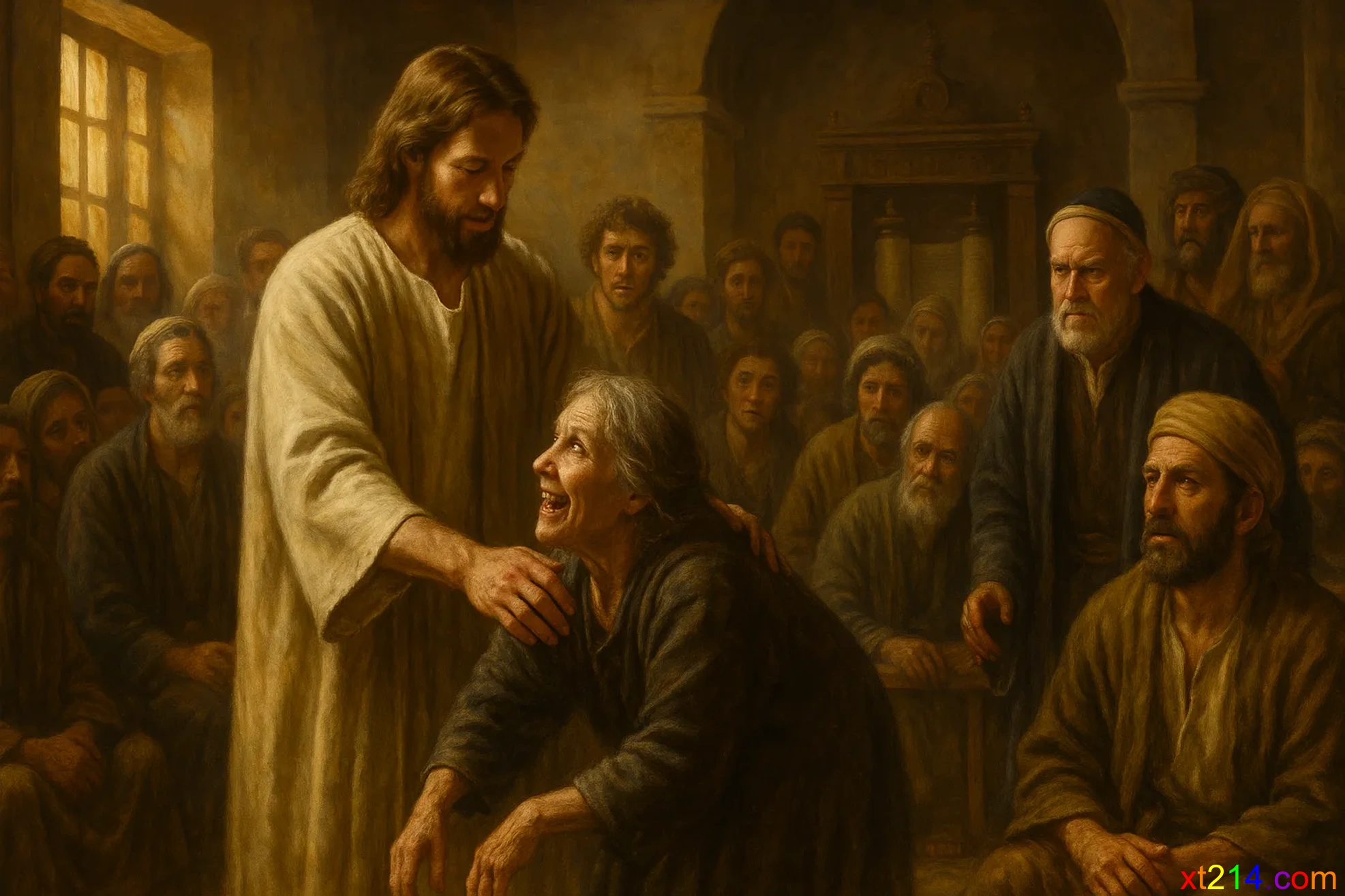 耶稣在安息日的会堂里按手在弯腰驼背十八年的妇人身上，她立刻直起腰来，赞美神