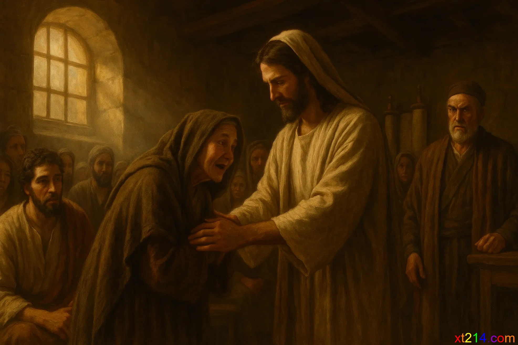 十八年驼背的妇人佝偻着身子进入会堂，引起人们的注意