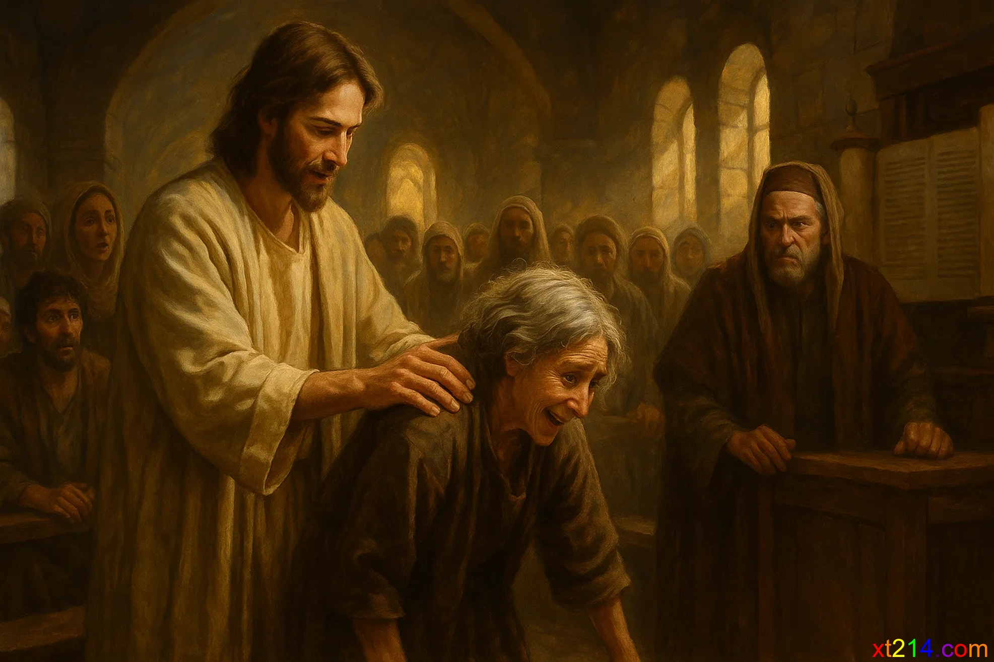 耶稣叫驼背妇人过来，按手在她身上说