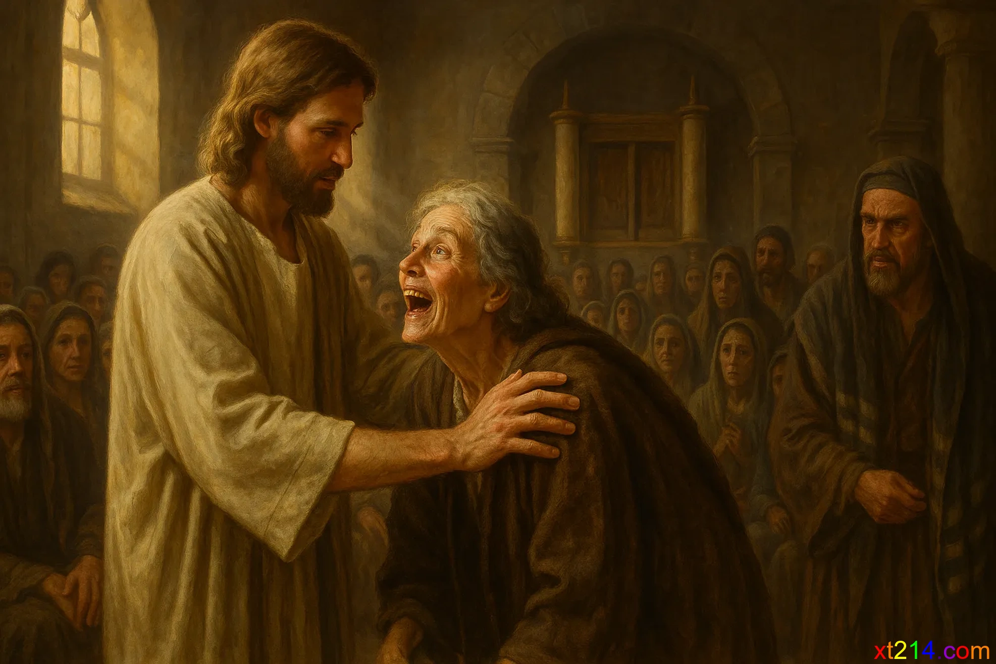 妇人立刻直起腰来赞美神，会堂管理员却因为安息日医病而愤怒