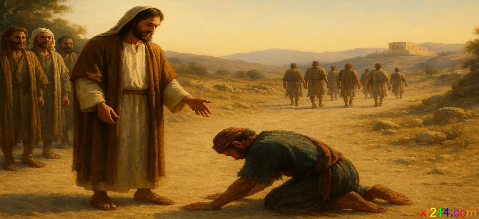 耶稣远远地对十个麻风病人说去把身体给祭司看，只有一个撒玛利亚人返回来俯伏感谢耶稣