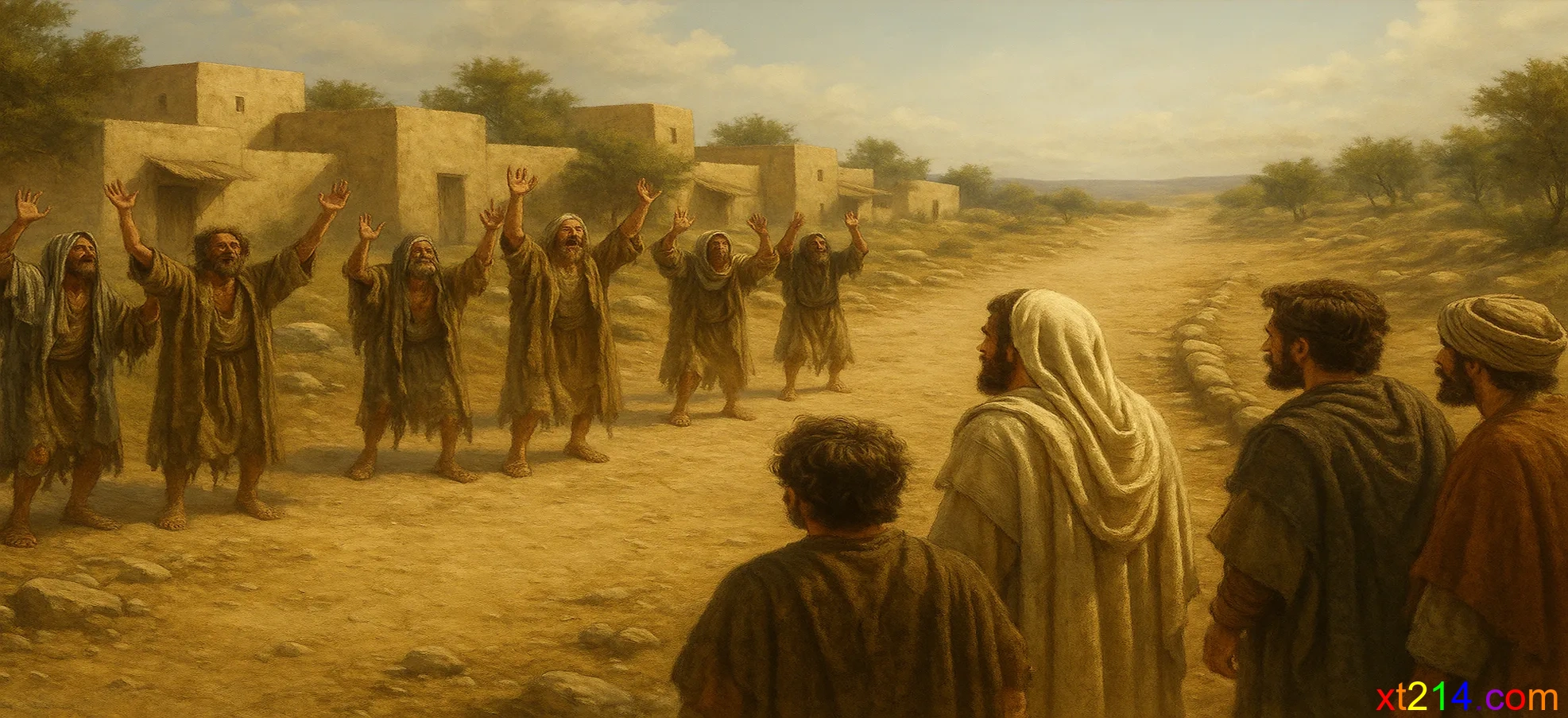 十个麻风病人站在远处，高声呼喊求耶稣可怜他们