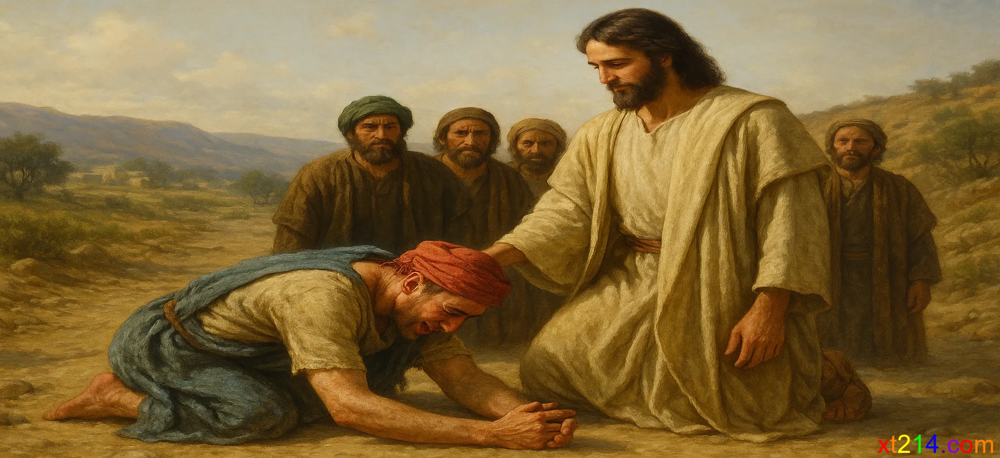 一个撒玛利亚人发现自己洁净了，就大声归荣耀给神，又回来俯伏在耶稣脚前感谢