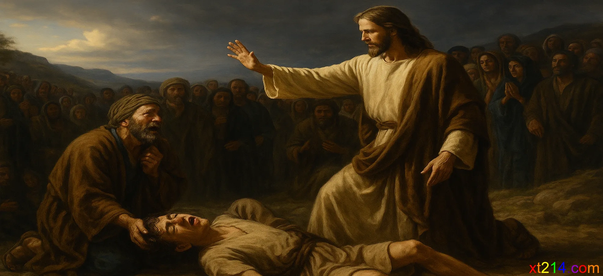 耶稣斥责一个使孩子癫痫的污鬼，孩子抽搐后得释放，耶稣拉他起来，父亲流泪感谢