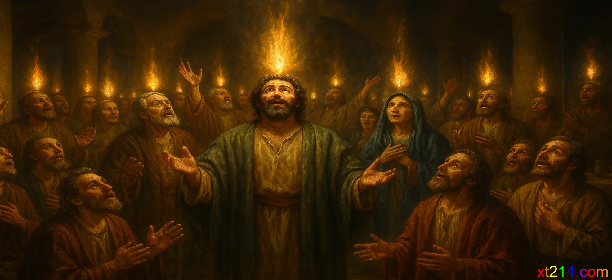 五旬节那天，门徒聚集在马可楼上，忽然有响声如同大风吹过，有火焰如舌头落在各人头上