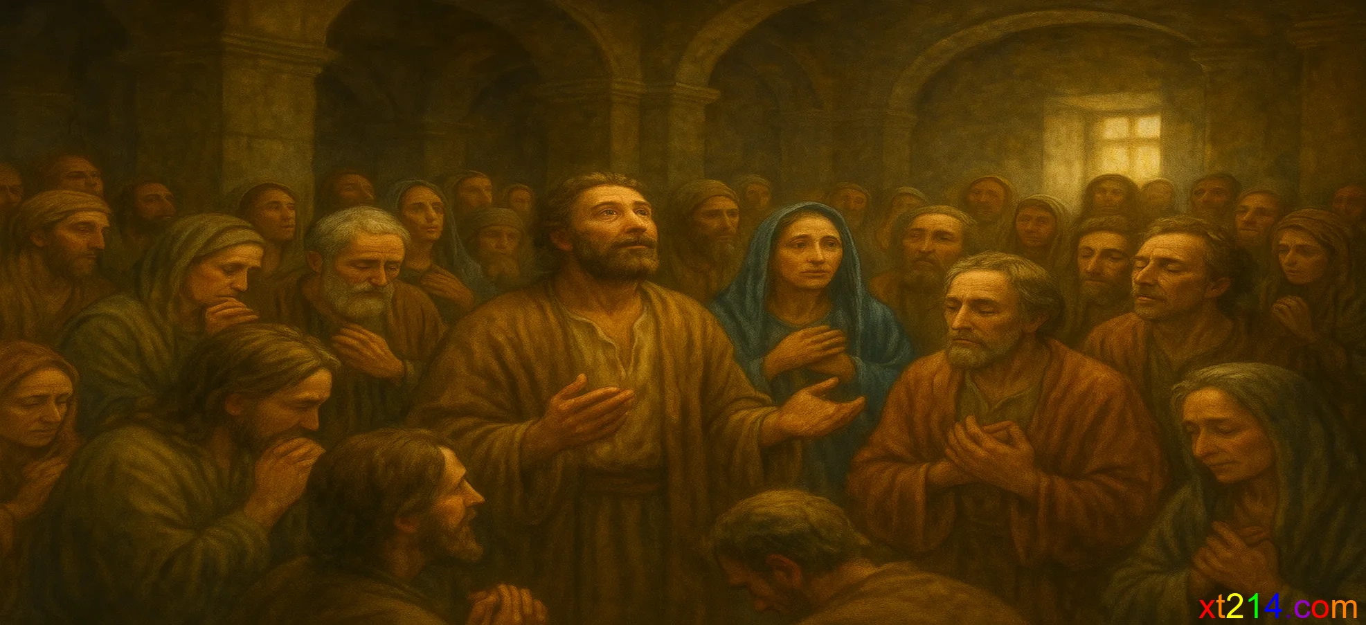 五旬节到了，门徒都聚集在一处祷告等候圣灵降临