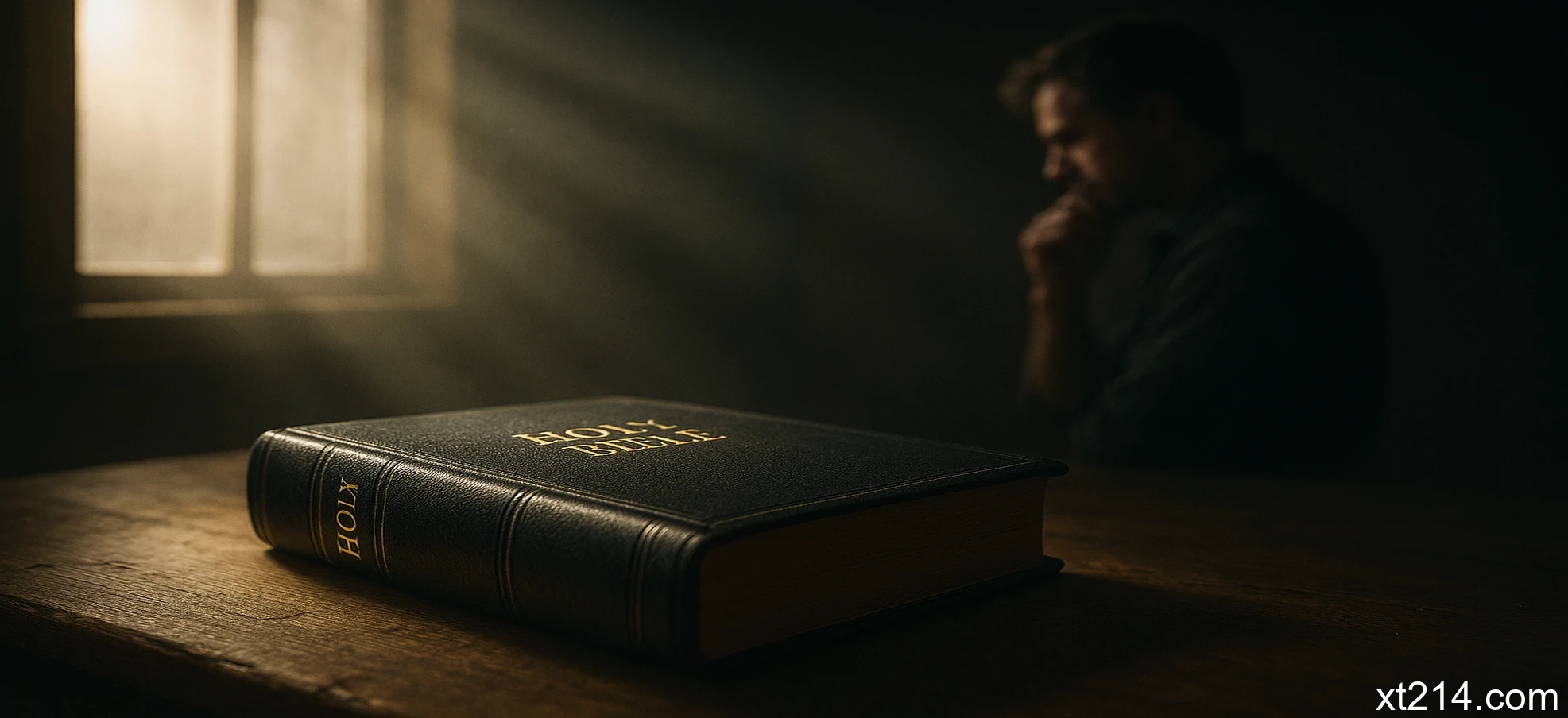 一本封闭的圣经放在桌上，旁边站着一个若有所思的人影，象征与神话语的距离