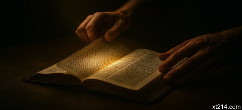 一双手正在翻开圣经，页面上的文字似乎在发光，象征真理照亮人心的时刻