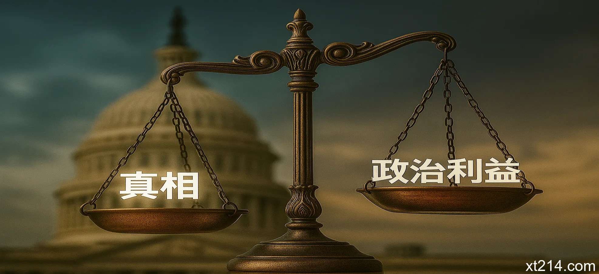 象征政治诚信与权力平衡的天平，一边是真相，一边是政治利益