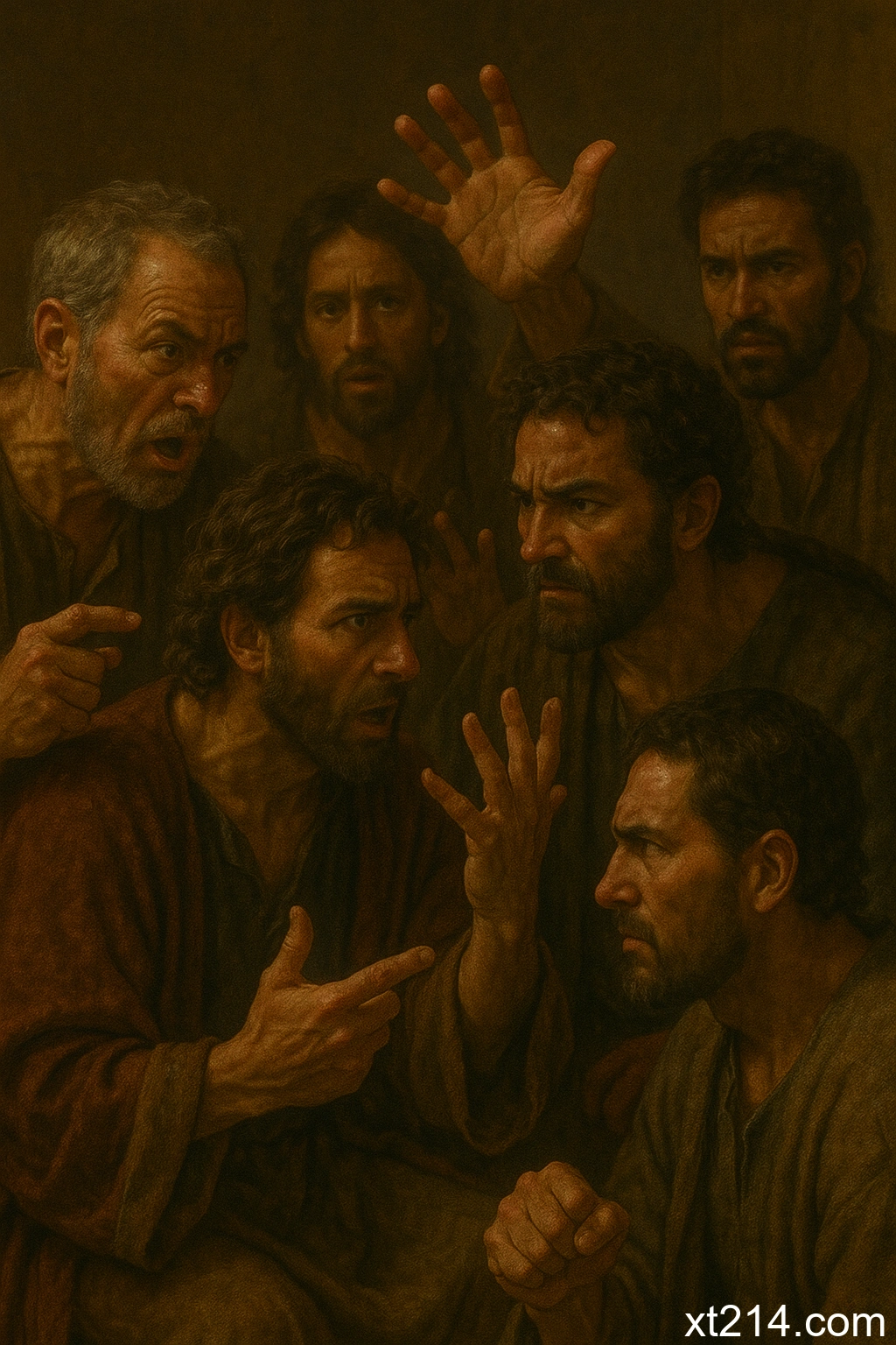 门徒们激烈争论谁为大，脸上充满骄傲和竞争的表情