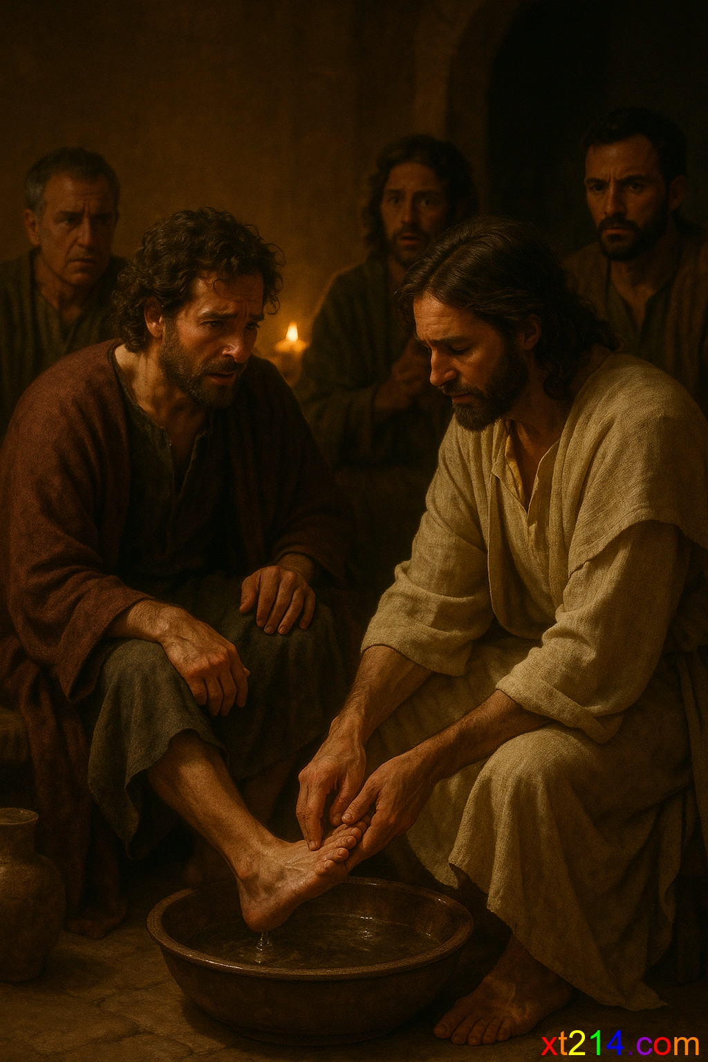 耶稣跪下为门徒洗脚，展现极致的谦卑和服事精神