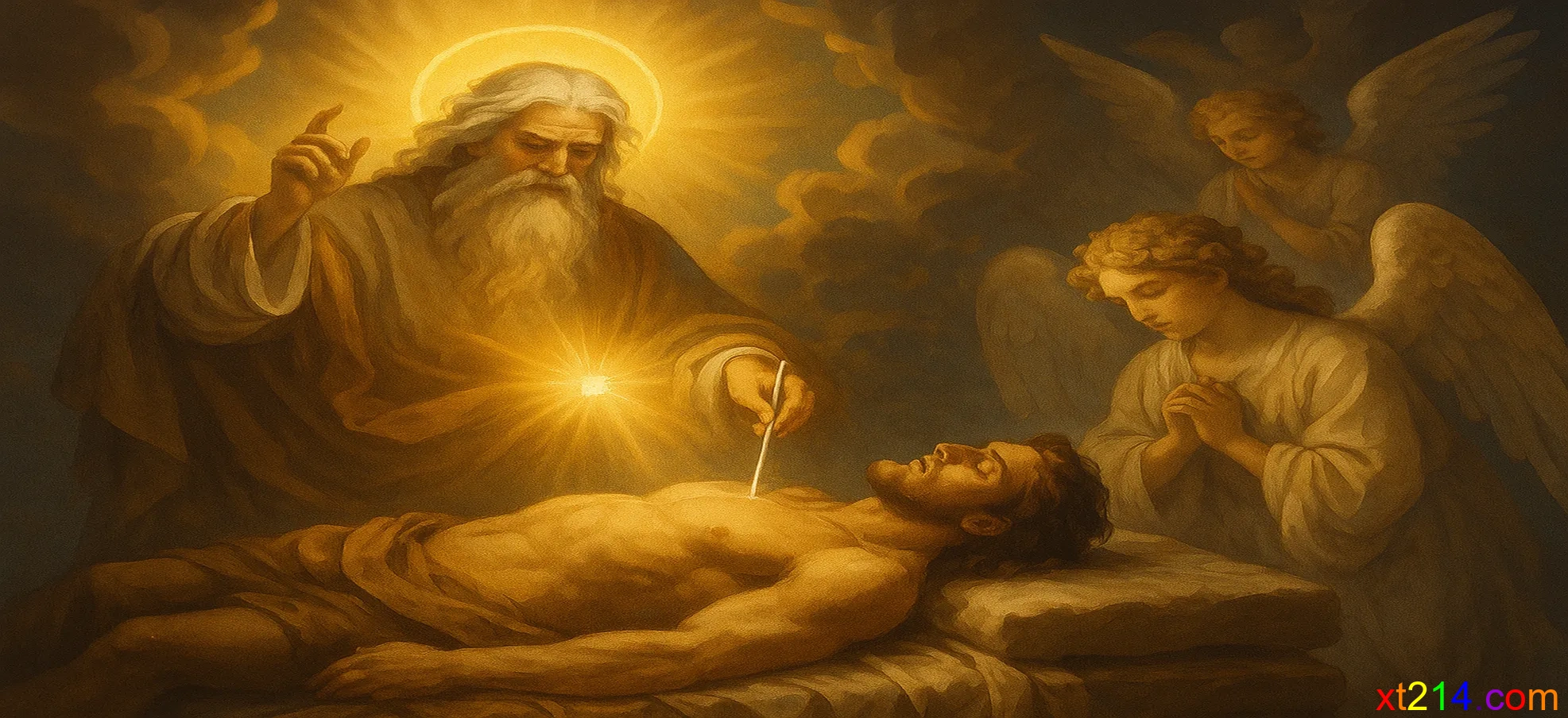 上帝为沉睡的亚当进行肋骨手术的神圣医疗场景