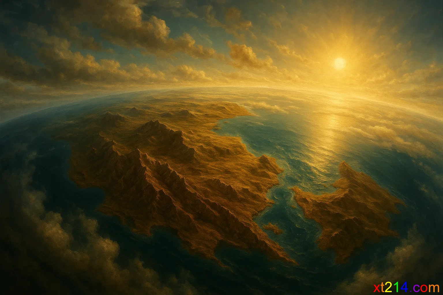 地球逐渐冷却，水蒸气凝结成海洋，最初的陆地开始露出水面