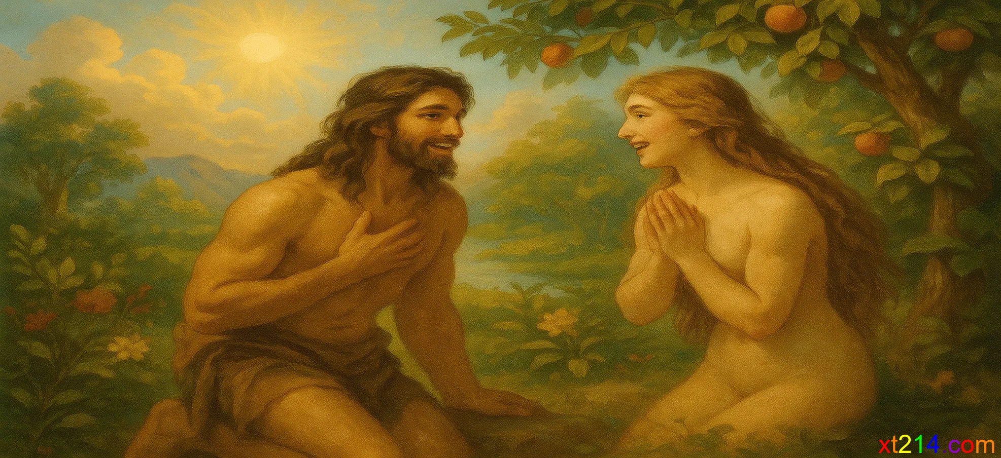 刚被造成的夏娃与亚当初次相遇时的喜悦和惊叹场面