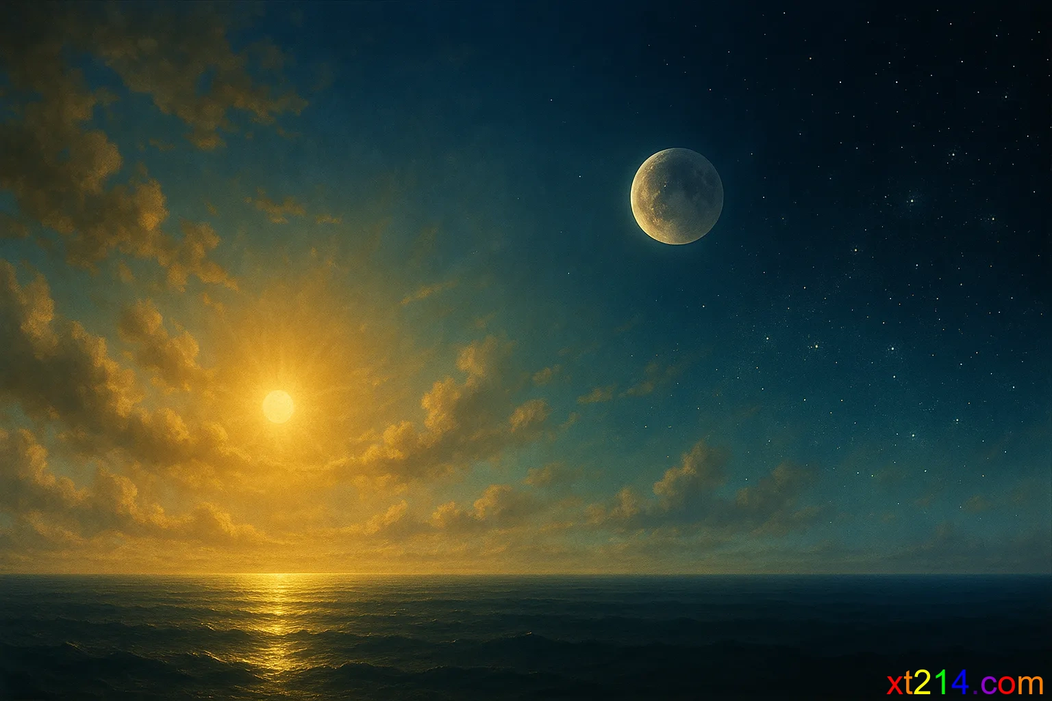 随着云层稀薄，太阳月亮星星按光度强弱依次在天空中显现