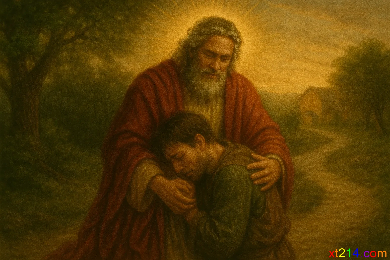 天父张开双臂拥抱回家浪子的温暖场景，象征神的慈爱