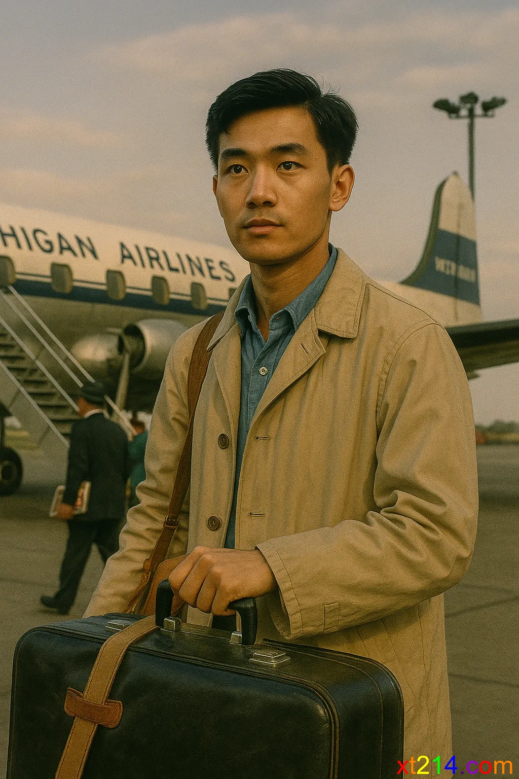 年轻的黄立夫带着行李准备赴美国密歇根州留学的历史场景