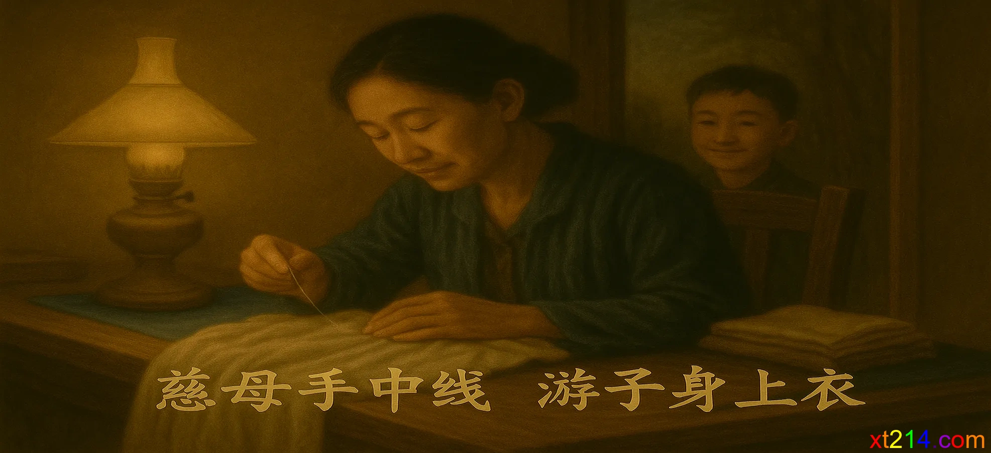 体现孟郊诗意的母亲为游子缝制衣服的温馨画面