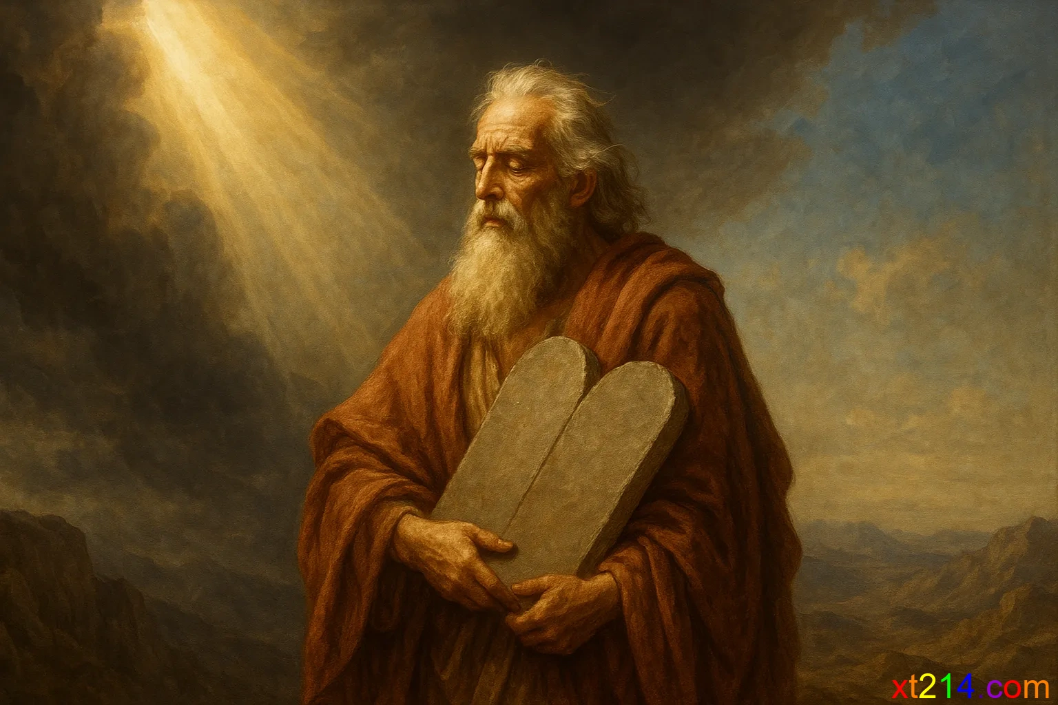 摩西在西奈山上接受上帝启示写下创世记的神圣场景