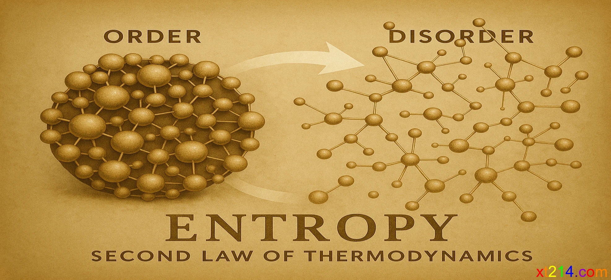 展示热力学第二定律中熵增原理，说明随机过程趋向混乱的科学图解