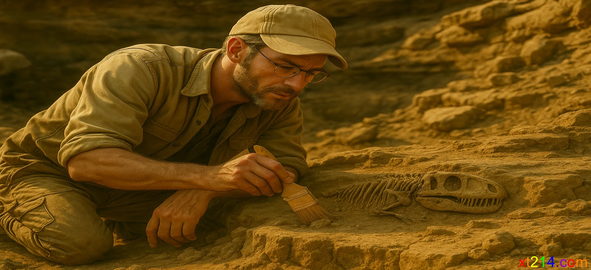 考古学家在发掘现场仔细研究古生物化石的科学场景