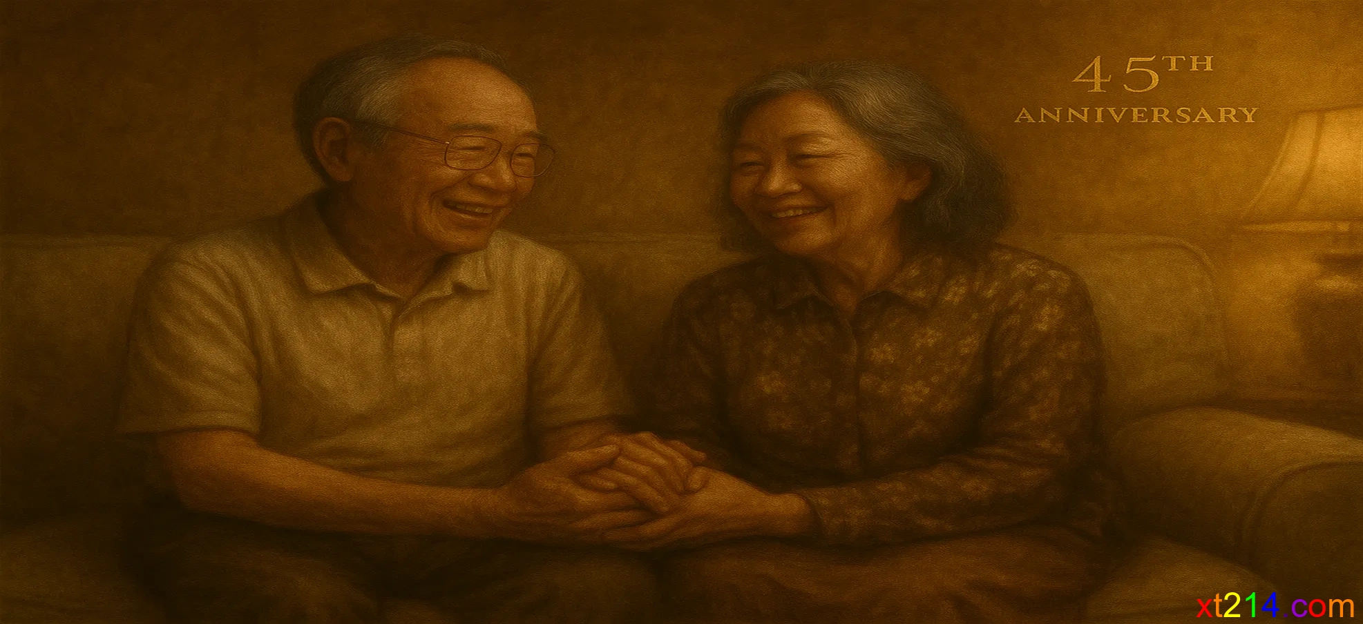 一对结婚四十五年的华人夫妇温馨地坐在一起分享人生感悟