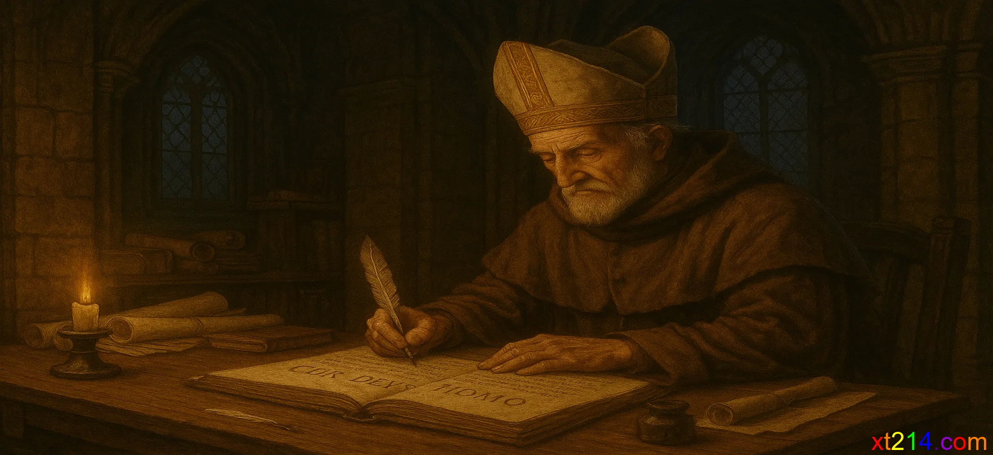 中世纪修道院中安瑟伦大主教在书房中撰写神学著作