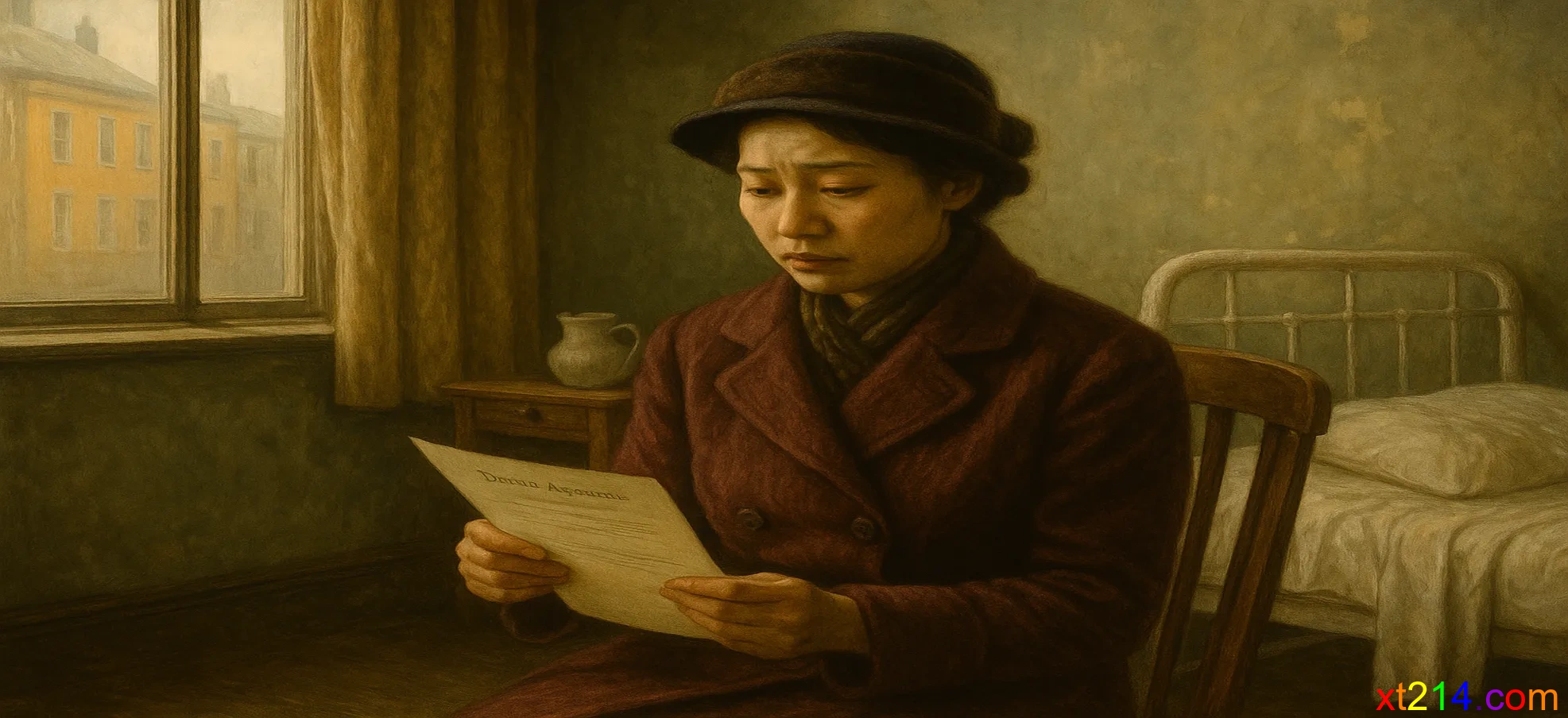 1920年代一位中国女性独自在欧洲医院病房中，手持离婚协议书