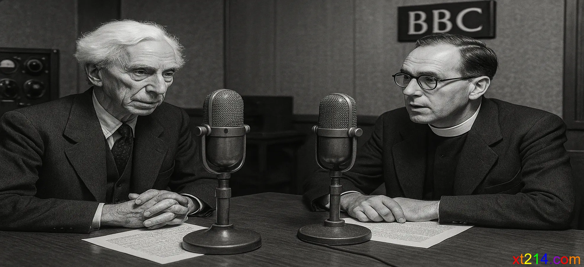 1948年BBC电台录音室中两位哲学家进行神存在辩论的场景