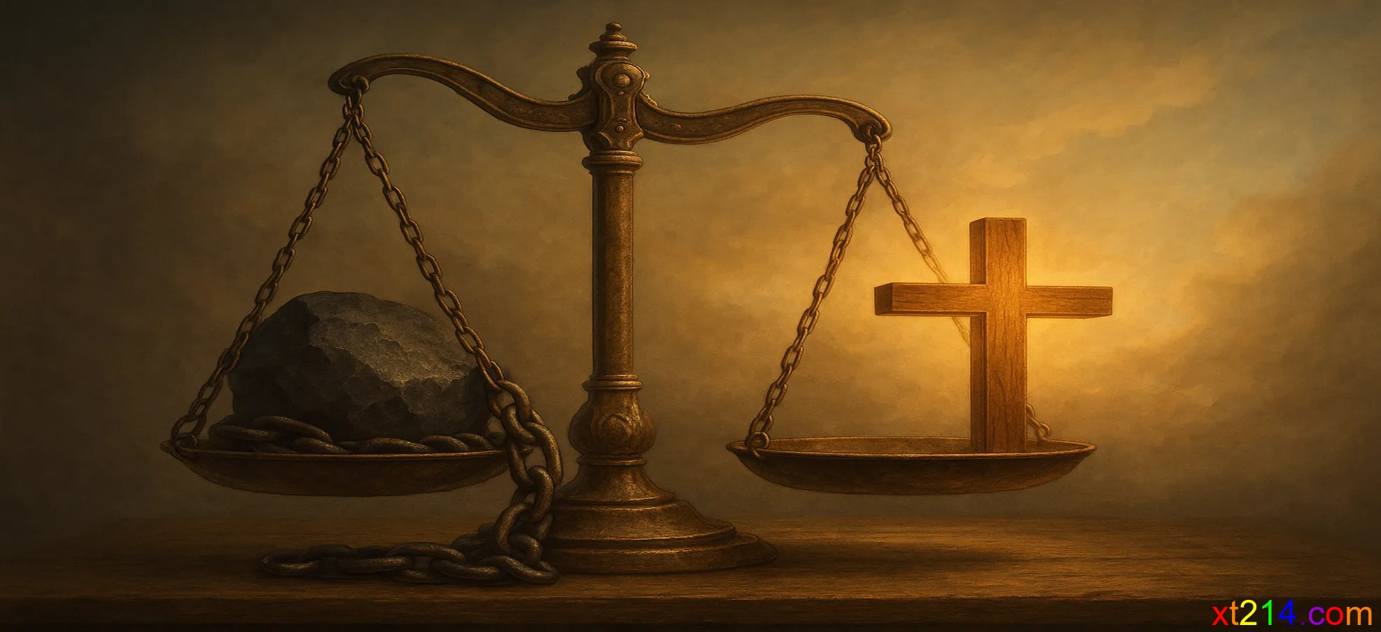 古代天平一边是沉重的罪恶象征，另一边是发光的恩典十字架