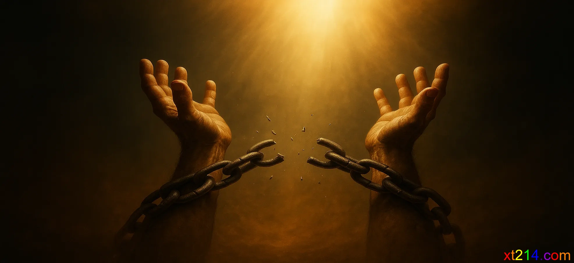一个人从破碎的锁链中伸出双手迎向天空的光芒，象征真正的自由
