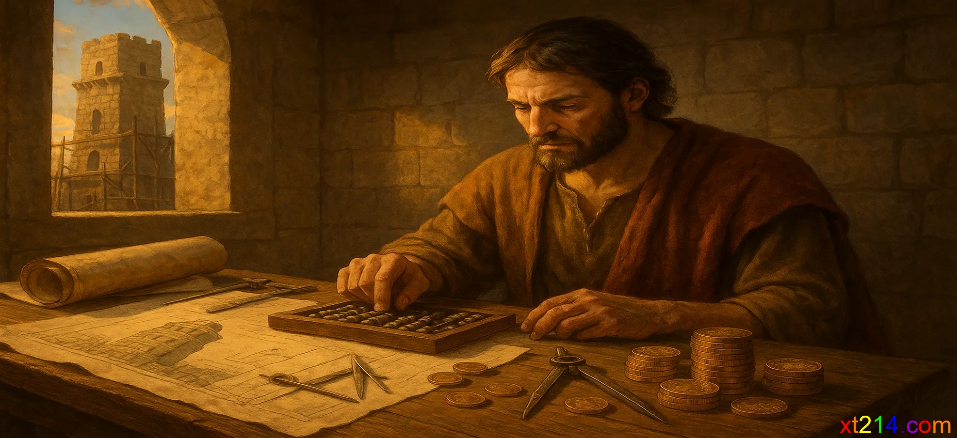一名古代工匠正在计算建造塔楼的成本，桌上放着建筑图纸和金币