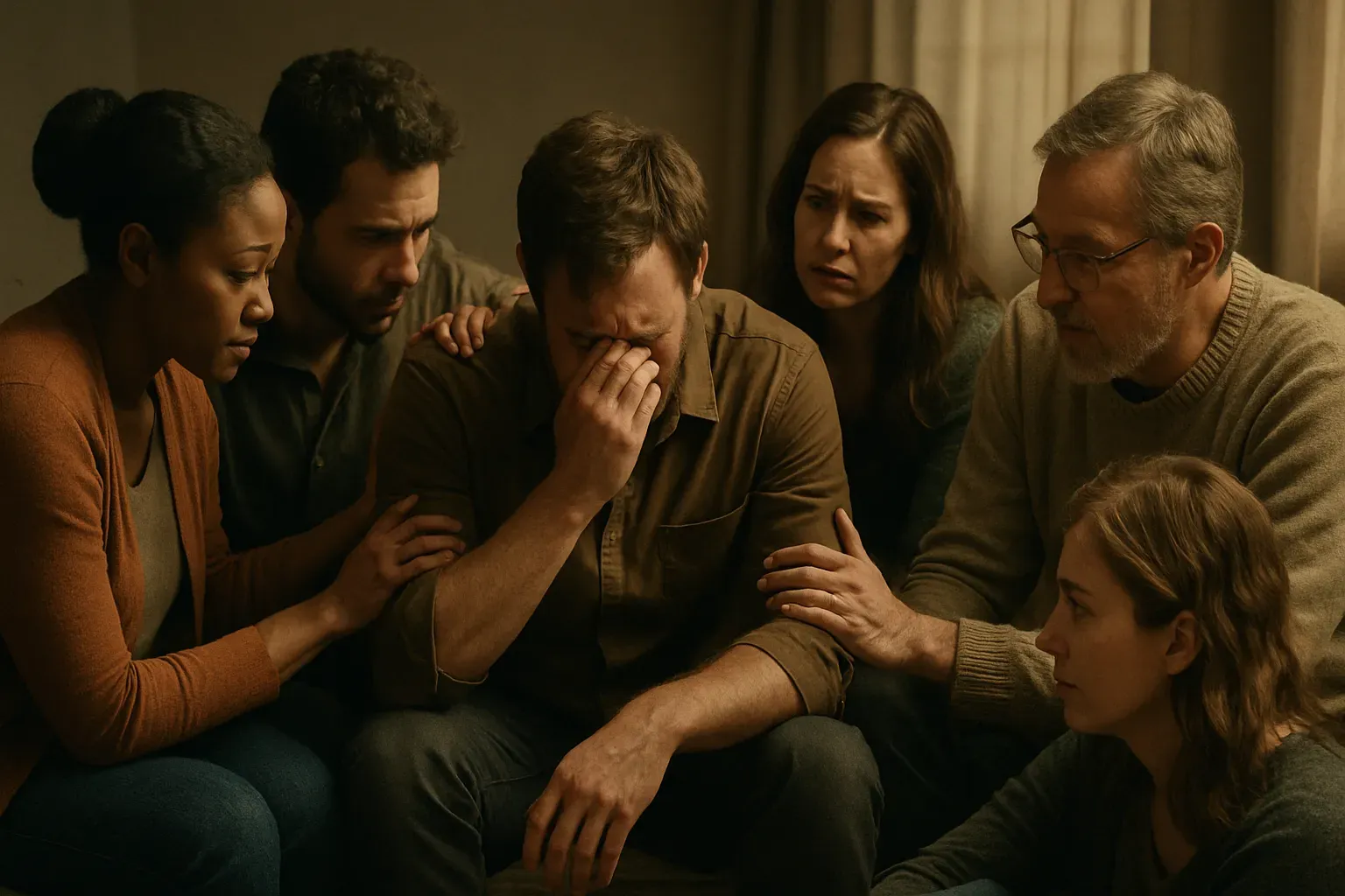 一群人围坐安慰哭泣的人，体现圣经中与哀哭的人同哭的教导