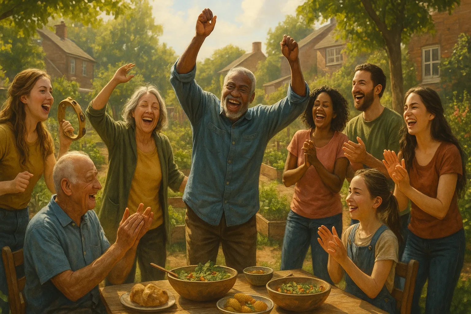 一群人欢庆共享喜悦，展示社区中的团结与共同喜乐